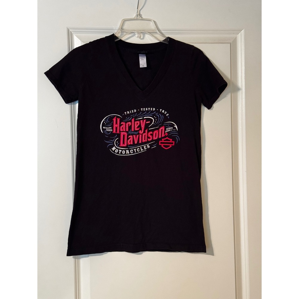 Harley-Davidson Womens V-Neck Graphic T-Shirt Black Wild Prairie MN Small